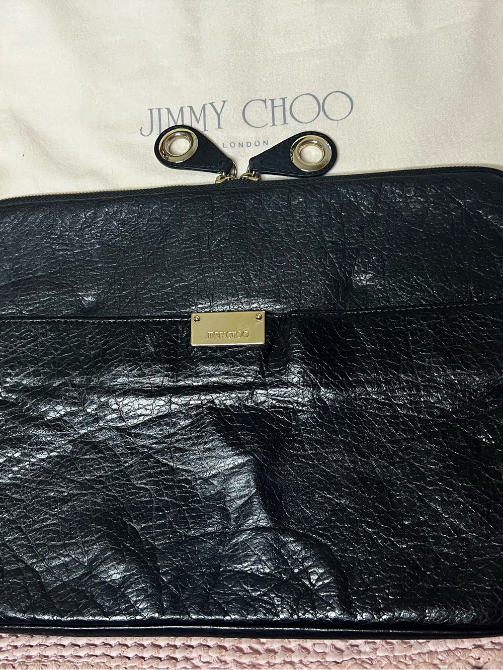 JIMMY CHOO leather laptop sleeve/flat zipper portfolio clutch Box Dustie COA